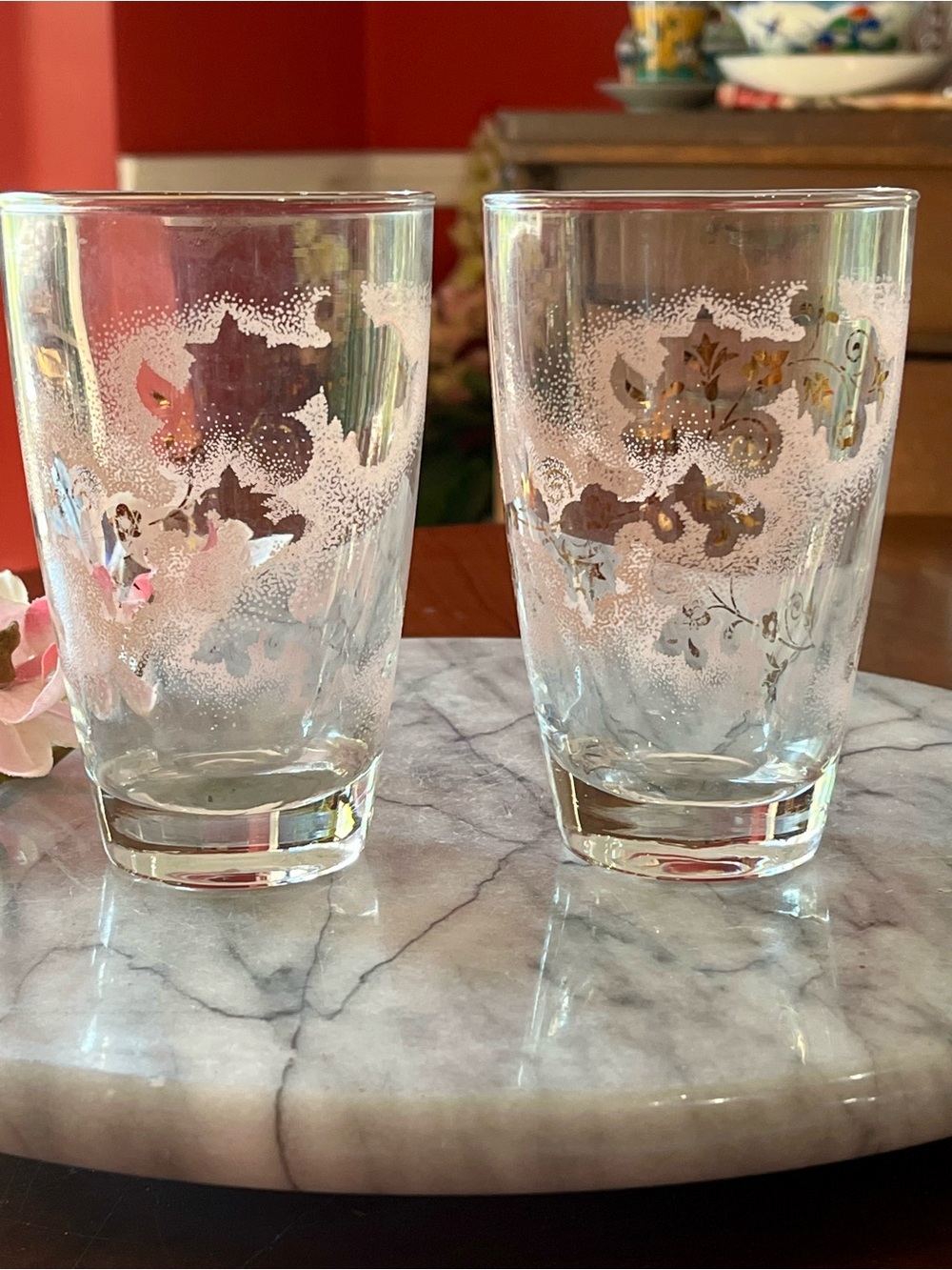 VTG Libbey Duchess Pink Gold Floral Tumbler Glasses Mid Century Modern Set of 2